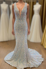 White Sequined Deep V Neck Sleeveless Glitter Evening Prom Dress Formal Gown