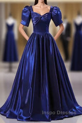 Wholesale Blue Satin Floor Length Evening Prom Dress A-Line Short Sleeve Backless Evening Party Dress