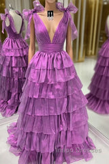 Wholesale Dark Purple Princess A-Line Deep V-Neck Long Tiered Evening Prom Party Dress Evening Prom Clothing