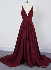 Wine Red Chiffon High Slit Long Party Dress, Charming Long Straps Bridesmaid Dresses