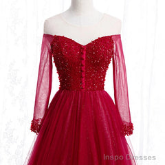 Wine Red Long Sleeves Beaded Tulle Evening Gown A-line Wine Red Long Prom Dress prom dresses shops