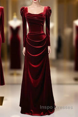 Wine Red Long Sleeves Velvet Long Party Dress, Wine Red A-Line Evening Prom Dress Wedding Party Dress