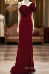 Wine Red Mermaid Evening Gown With Leg Slit, Straps Long Evening Prom Dress
