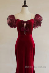Wine Red Mermaid Long Party Dress With Bow, Wine Red Evening Dress Evening Prom Dress