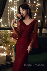 Wine Red Mermaid Long Evening Prom Dress With Lace, V-Neckline Evening Prom Dress