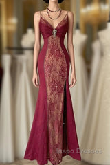 Wine Red Mermaid Straps Sweetheart Party Dress, Wine Red Lace Evening Prom Dress