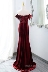 Wine Red Mermaid Velvet Long Party Dress, Wine Red Evening Prom Dress Evening Dress