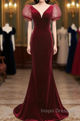 Wine Red Mermaid Velvet With Short Sleeves Formal Dress, Wine Red Evening Dress