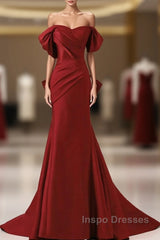 Wine Red Off Shoulder Mermaid Long Party Dress, Wine Red Evening Dress Evening Prom Dress