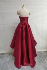 Wine Red Pretty High Low Party Dress, Wine Red Homecoming Dress, Lace-Up Junior Evening Prom Dress
