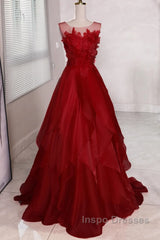 Wine Red Round Neckline A-Line Beaded Party Dress, Wine Red Long Evening Prom Dress