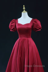 Wine Red Satin Bridesmaid Dress Party Dress, Tea Length Evening Prom Dress