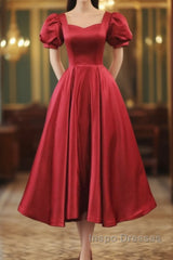 Wine Red Satin Bridesmaid Dress Party Dress, Tea Length Evening Prom Dress