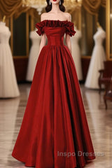 Wine Red Satin Long Evening Prom Dress Party Dress, Wine Red A-Line Long Wedding Party Dress