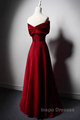 Wine Red Satin Off Shoulder A-Line Party Dress, Wine Red Long Formal Dress Evening Prom Dress