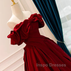 Wine Red Satin Off Shoulder Chic Long Party Dress, Wine Red Sweetheart Evening Prom Dress