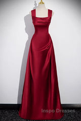 Wine Red Satin Off Shoulder Long Party Dress, A-Line Satin Evening Prom Dress