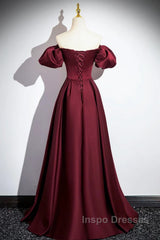 Wine Red Satin Off Shoulder Long Party Dress, Wine Red Satin Evening Prom Dress