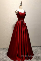 Wine Red Satin Straps Beaded Long Party Dress, Wine Red A-Line Evening Prom Dress