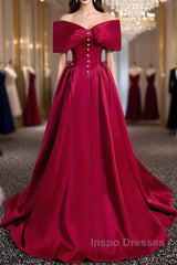 Wine Red Satin Sweetheart Long Evening Dress, Wine Red Satin Evening Prom Dress