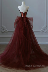 Wine Red Sequins And Tulle Long Formal Dress, Wine Red Evening Prom Dress