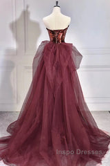 Wine Red Sequins Long Party Dress With Tulle, Wine Red Long Formal Dress Evening Prom Dress