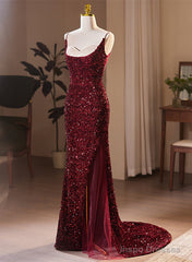 Wine Red Sequins Mermaid Long Formal Dress, Wine Red Evening Dress Party Dress