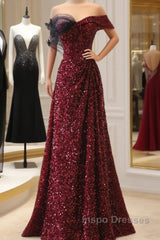 Wine Red Sequins Off Shoulder Long Party Dress, A-Line Sequins Evening Prom Dress
