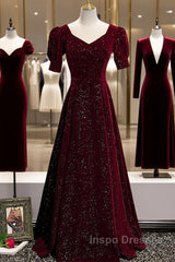 Wine Red Short Sleeves Velvet Long Formal Dress, Wine Red Evening Dress Evening Prom Dress