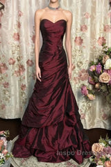 Wine Red Strapless Long Taffeta Sweet 16 Dress, Wine Red Sweetheart Evening Prom Dress Formal Gown