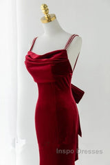 Wine Red Straps Low Back Mermaid Long Party Dress, Wine Red Evening Dress