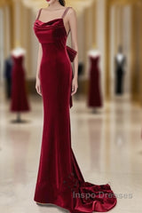 Wine Red Straps Low Back Mermaid Long Party Dress, Wine Red Evening Dress