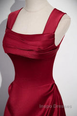 Wine Red Straps Satin Scoop Floor Length Evening Prom Dress, Wine Red Long Evening Dress