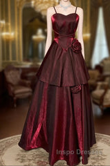 Wine Red Straps Sweetheart Vintage Style Party Dress, Wine Red Evening Prom Dress