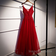 Wine Red Straps V-Neckline Lace Applique Long Evening Prom Dress, Dark Red Formal Dress