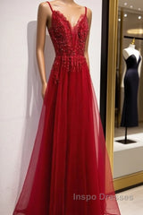 Wine Red Straps V-Neckline Lace Applique Long Evening Prom Dress, Dark Red Formal Dress