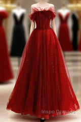 Wine Red Tull A-Line Scoop Long Evening Prom Dress, Wine Red Tulle Evening Dress