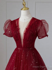Wine Red Tulle Short Sleeves Long Party Dress Wine Red Evening Gown prom dresses shops