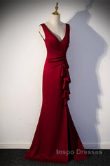 Wine Red V-Neckline Mermaid Long Party Dress With Leg Slit, Wine Red Evening Prom Dress