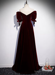 Wine Red Velvet Floor Length Short Sleeves Party Dress, A-line Wine Red Bridesmaid Dress