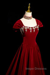 Wine Red Velvet Long Formal Dress With Beadings, Wine Red Evening Prom Dress