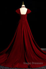 Wine Red Velvet Long Formal Dress With Beadings, Wine Red Evening Prom Dress