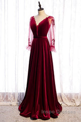 Wine Red Velvet Long Party Dress Evening Prom Dress, A-Line Long Sleeves Formal Dress