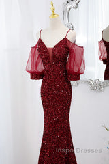 Wine Red Velvet Mermaid Long Party Dress, Wine Red Vekvet Evening Prom Dress
