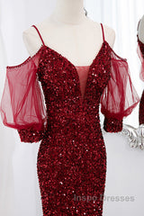 Wine Red Velvet Mermaid Long Party Dress, Wine Red Vekvet Evening Prom Dress