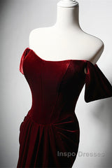 Wine Red Velvet Off Shoulder Long Mermaid Evening Prom Dress, Wine Red Velvet Eveing Dress