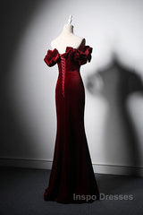 Wine Red Velvet Off Shoulder Mermaid Long Evening Prom Dress, Long Lace-Up Evening Dress