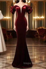 Wine Red Velvet Off Shoulder Mermaid Long Evening Prom Dress, Long Lace-Up Evening Dress