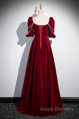 Wine Red Velvet Short Sleeves Long Evening Prom Dress, Wine Red A-Line Evening Dress