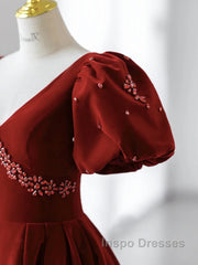 Wine Red Velvet V-Neckline Beaded Short Sleeves Party Dress, Wine Red Long Evening Prom Dress